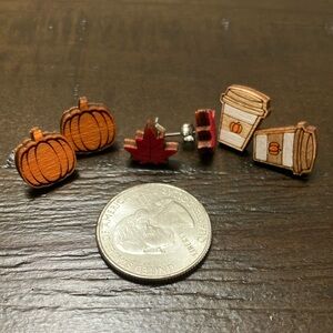 3 pairs Wooden Fall Autumn Earrings: Pumpkin, Leaf, PSL